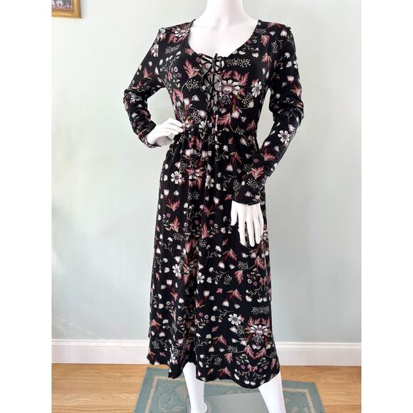 NWT Xhilaration Black Floral Corset Tie-Front Long Sleeve Midi Dress Size Small - Picture 1 of 8